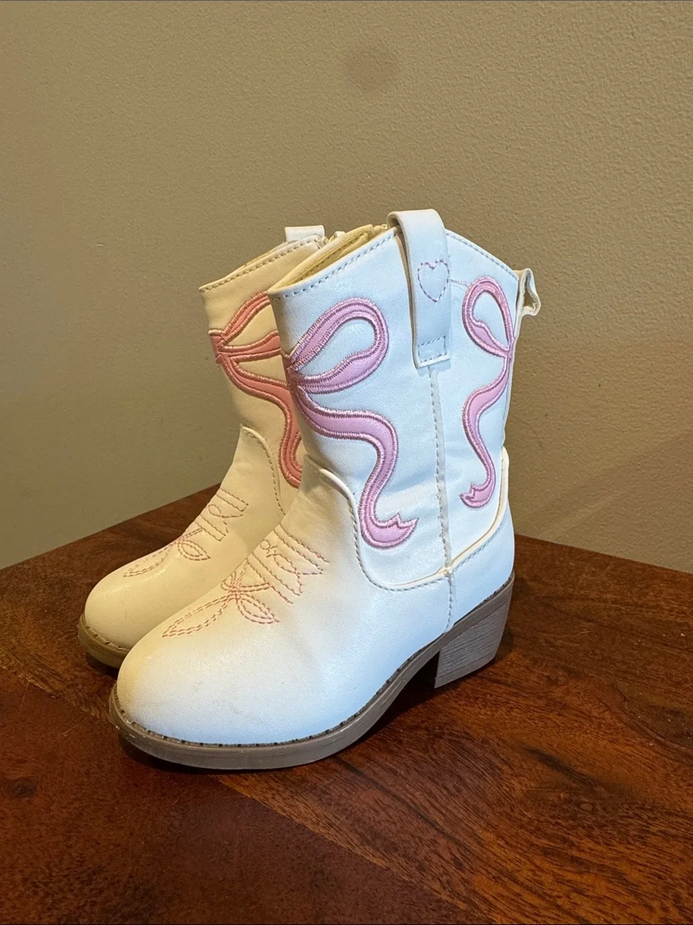 White Kids Cowboy Boots with Pink Embroidery